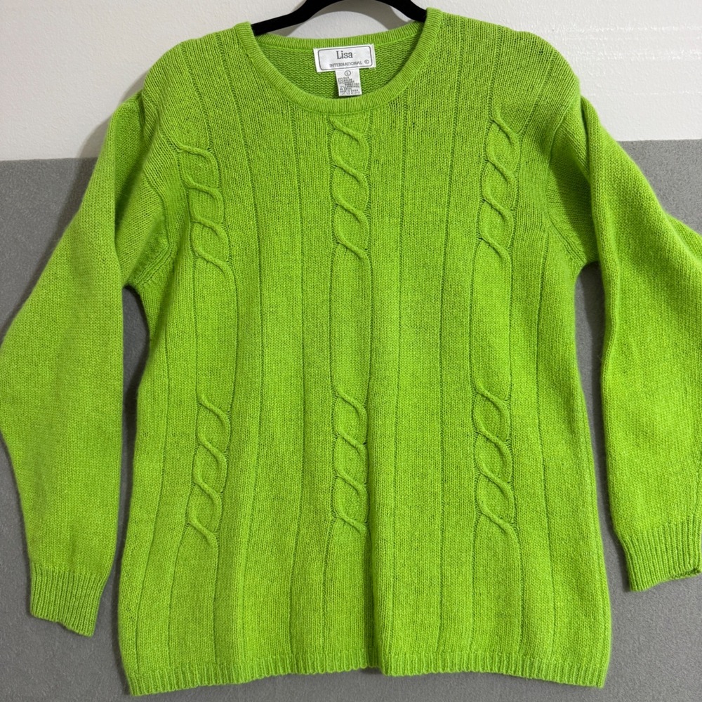 Lisa International Lime Green Silk Angora Cable Knit Sweater Women Large L